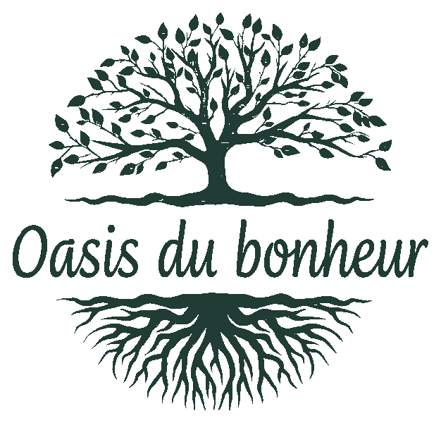 Logo officiel de L’Oasis du bonheur : arbre, signature et racines